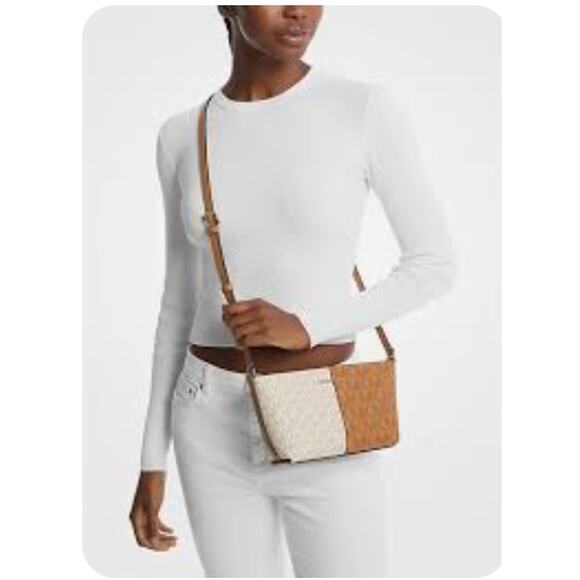 MICHAEL KORS Jet Set Small Two-Tone Logo Crossbody Bag Ivory Brown - Picture 8 of 9